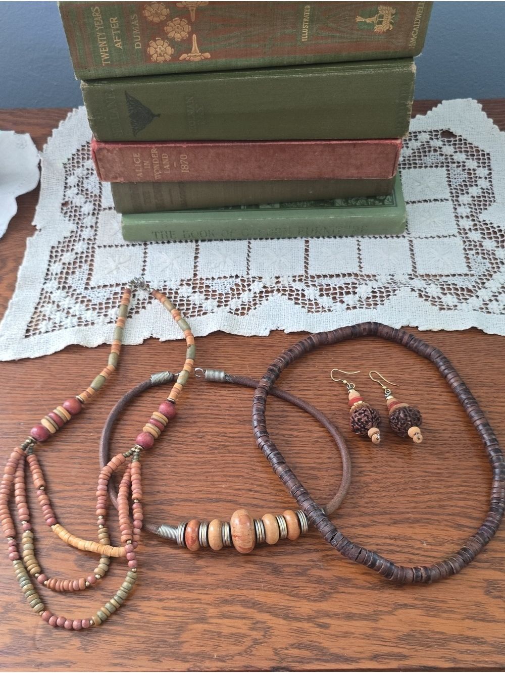 Vintage 1970s Wood, Leather, Silver Beaded Necklaces And Earring Pair,